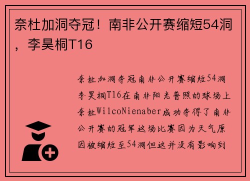 奈杜加洞夺冠！南非公开赛缩短54洞，李昊桐T16